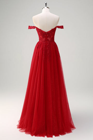 Rosso A-Line Off the Spalla Tulle Corsetto lungo Abito da cerimonia con fessura